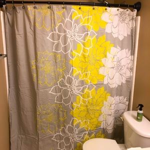 Yellow and White Floral Shower Curtain,Gray, Cloth Material, Silver Ball Hangers
